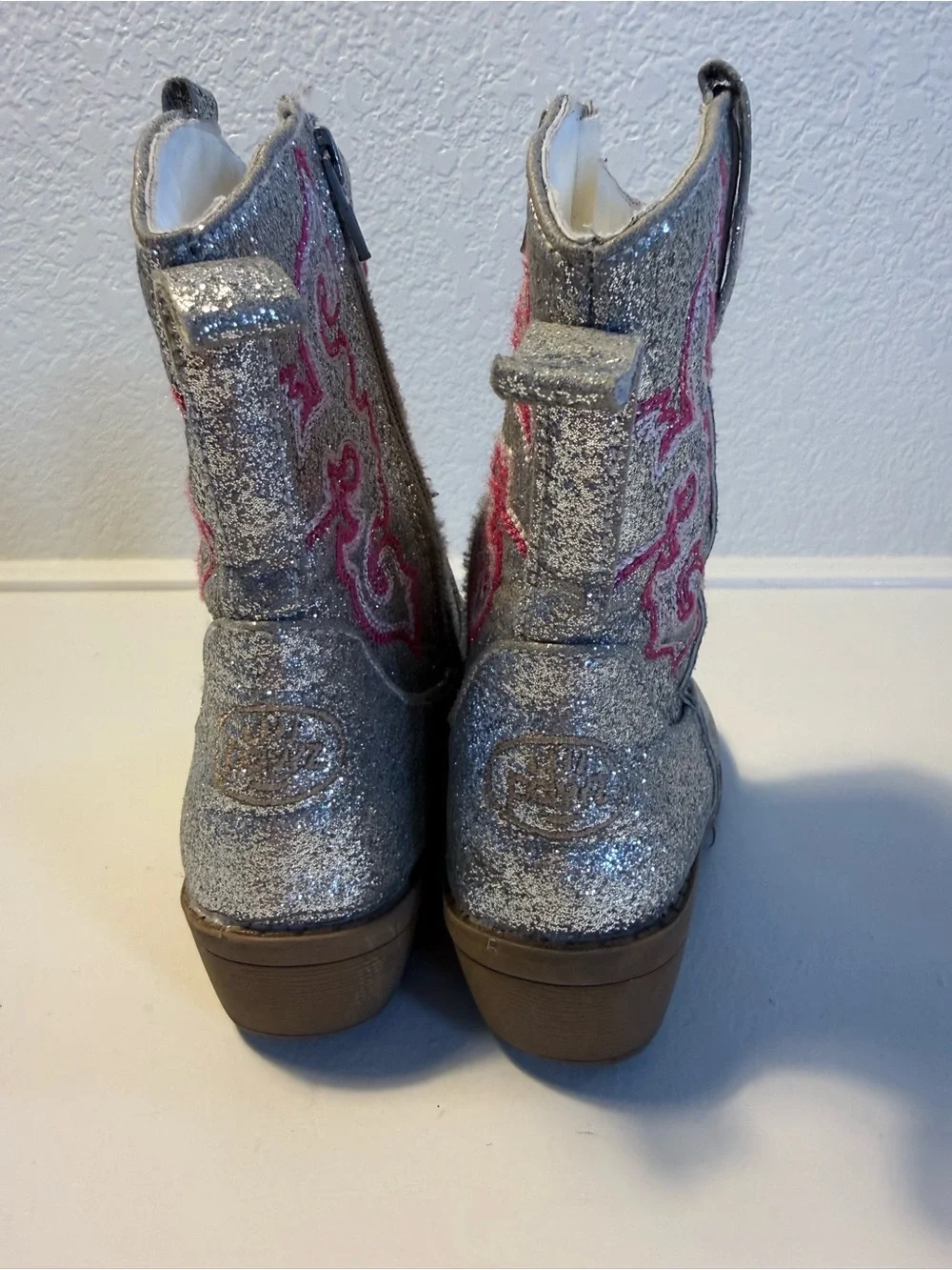 PAWZ Silver Glitter Girls Cowboy Boots with Pink Embroidery